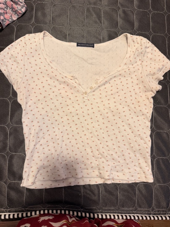 Brandy Melville Tops - Brandy Melville Cream Scoop-Neck Henley Tee with Pink Micro Floral